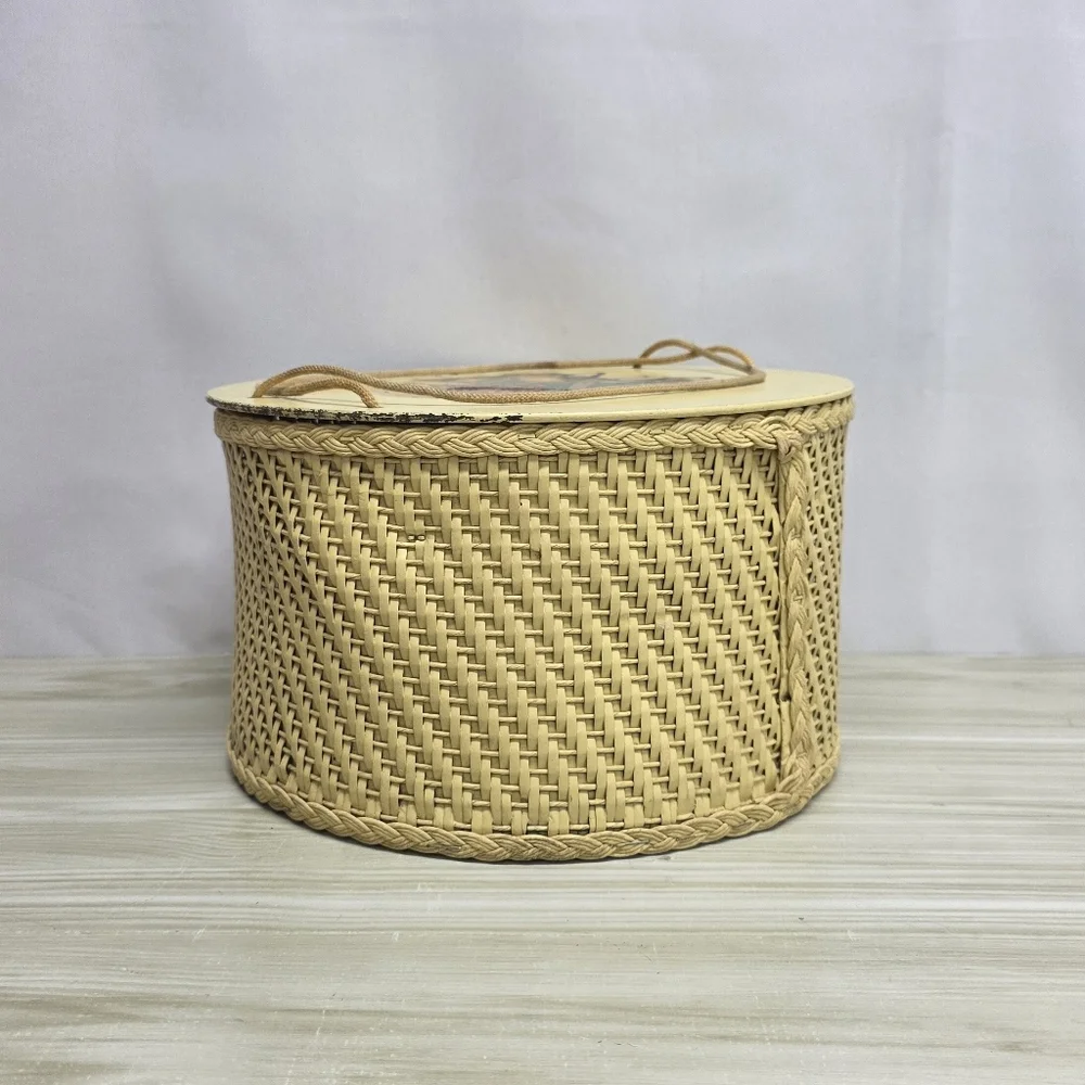 Vintage Soft Yellow Wicker Sewing Basket